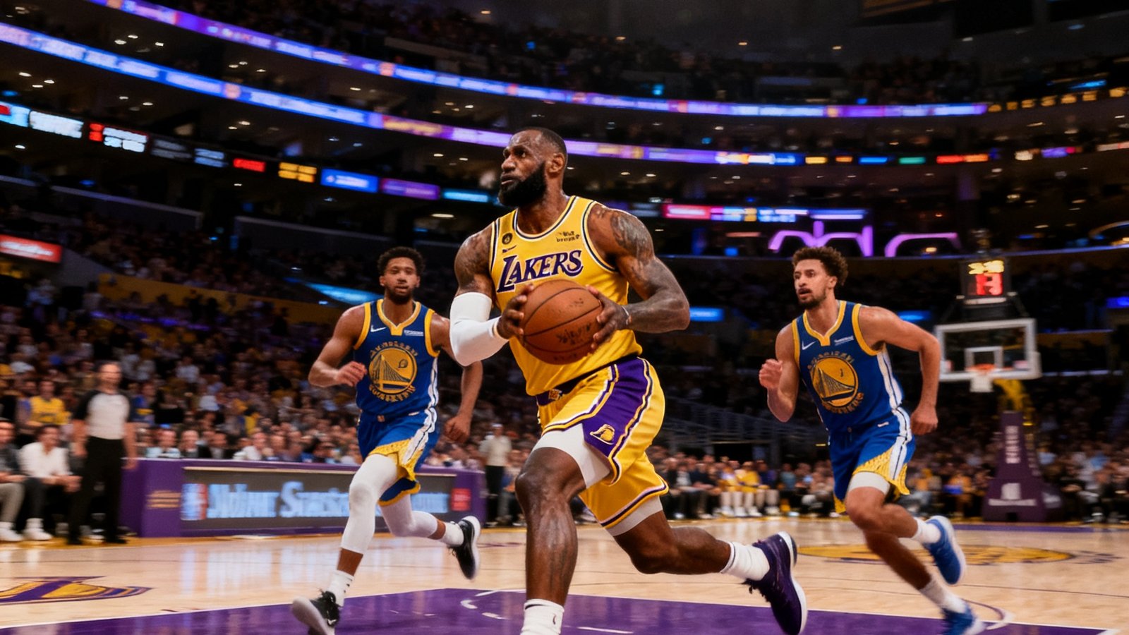 NBA常规赛高清直播画面，湖人队主场斯台普斯中心内紫金色灯光闪耀，勒布朗·詹姆斯持球突破篮下，勇士队防守球员紧追不舍